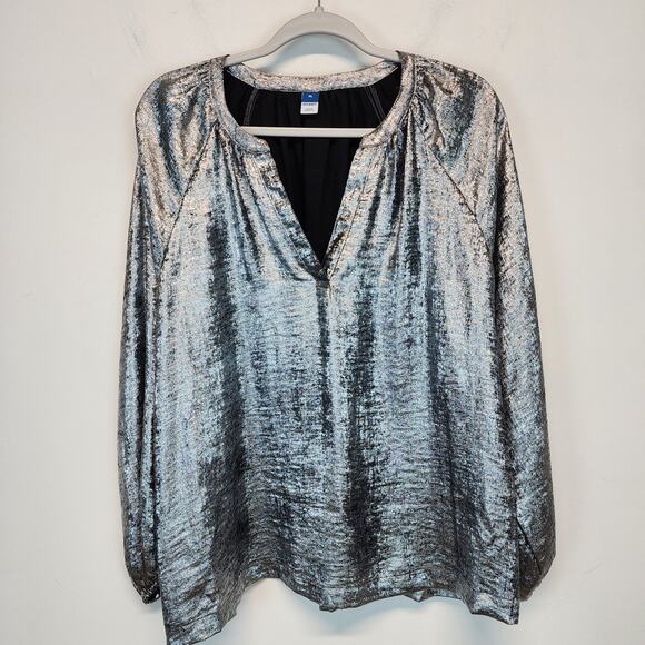 Old Navy Metallic Silver Blouse Size XL Long Sleeve V-neck Relaxed Fit Holiday - Picture 2 of 10